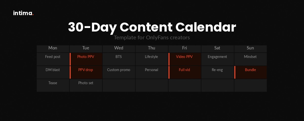 30-day content calendar grid for OnlyFans creators showing posting schedule — Intima Agency